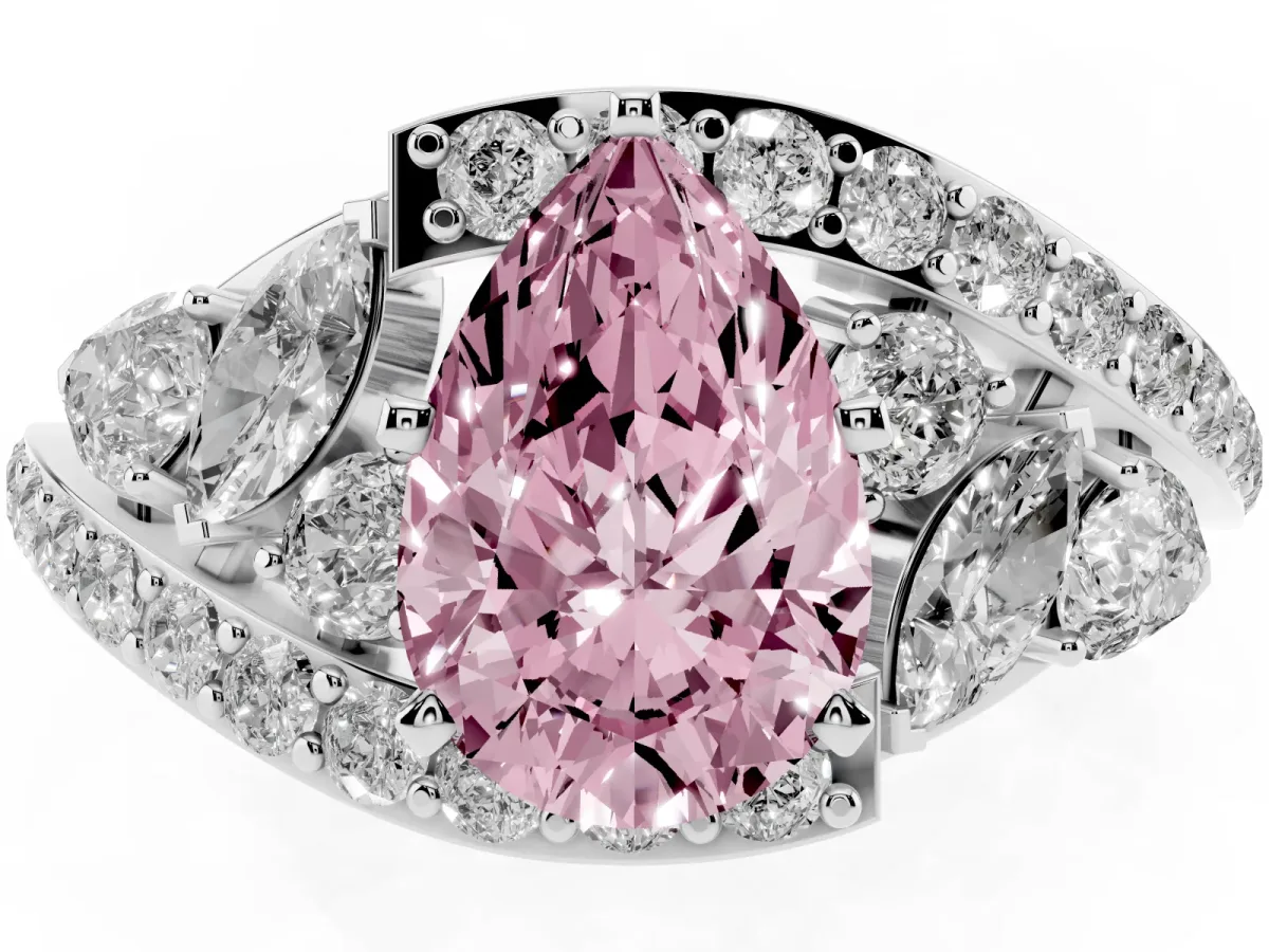 Fancy Pink Pear Cut Diamond Halo Ring with Marquise and Pavé Band in Prong Setting Platinum
