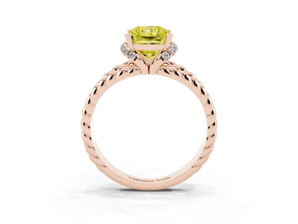 Fancy Yellow Radiant Cut Halo Twisted Band Four-Prong Ring Rose gold