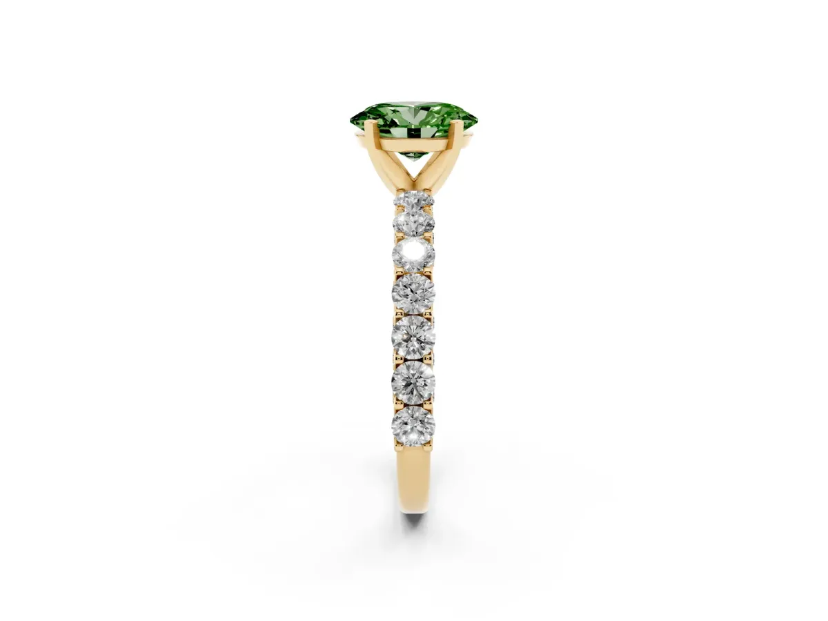 Fancy Green Oval Cut Diamond Solitaire Ring with Shared Prong Pavé Band and Four-Prong Setting Yellow gold