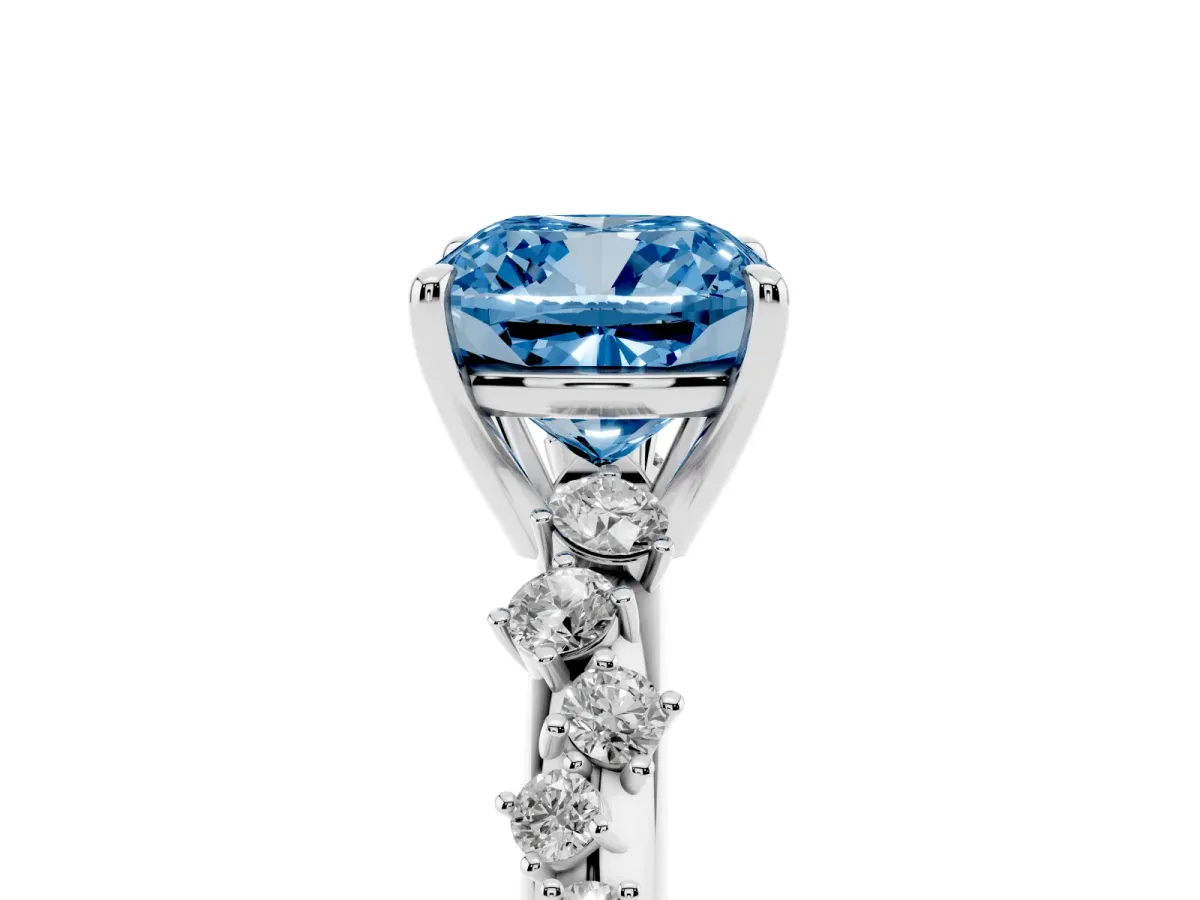 Fancy Blue Cushion Cut Diamond Cluster Side Stone Solitaire Ring with Prong Setting Silver