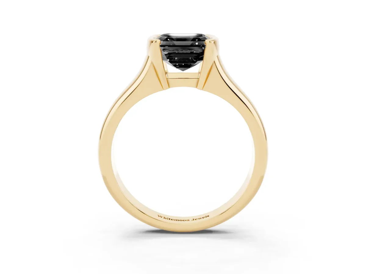 Fancy Black Asscher Cut Solitaire Tension Set Diamond Ring with Split Shank Band Yellow gold