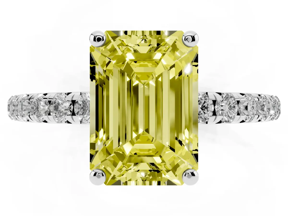 Fancy Yellow Emerald Cut Cut Diamond Solitaire Ring with Micro Pave Band and Four Prong Setting Silver