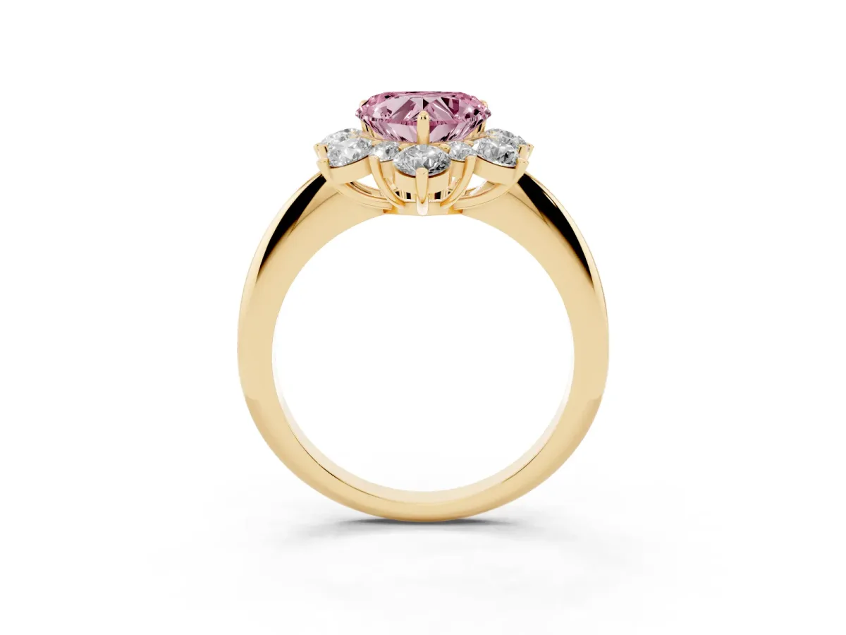 Fancy Pink Heart Cut Diamond Cluster Halo Ring with Solitaire Band and Four-Prong Setting Yellow gold
