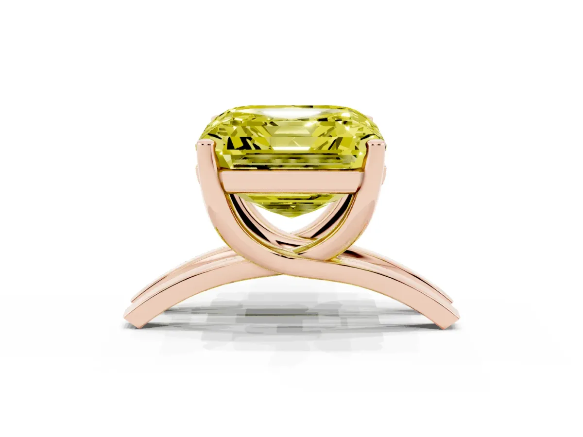 Fancy Yellow Asscher Cut Cut Diamond Solitaire Engagement Ring with Tapered Plain Band and Four-Prong Setting Rose gold