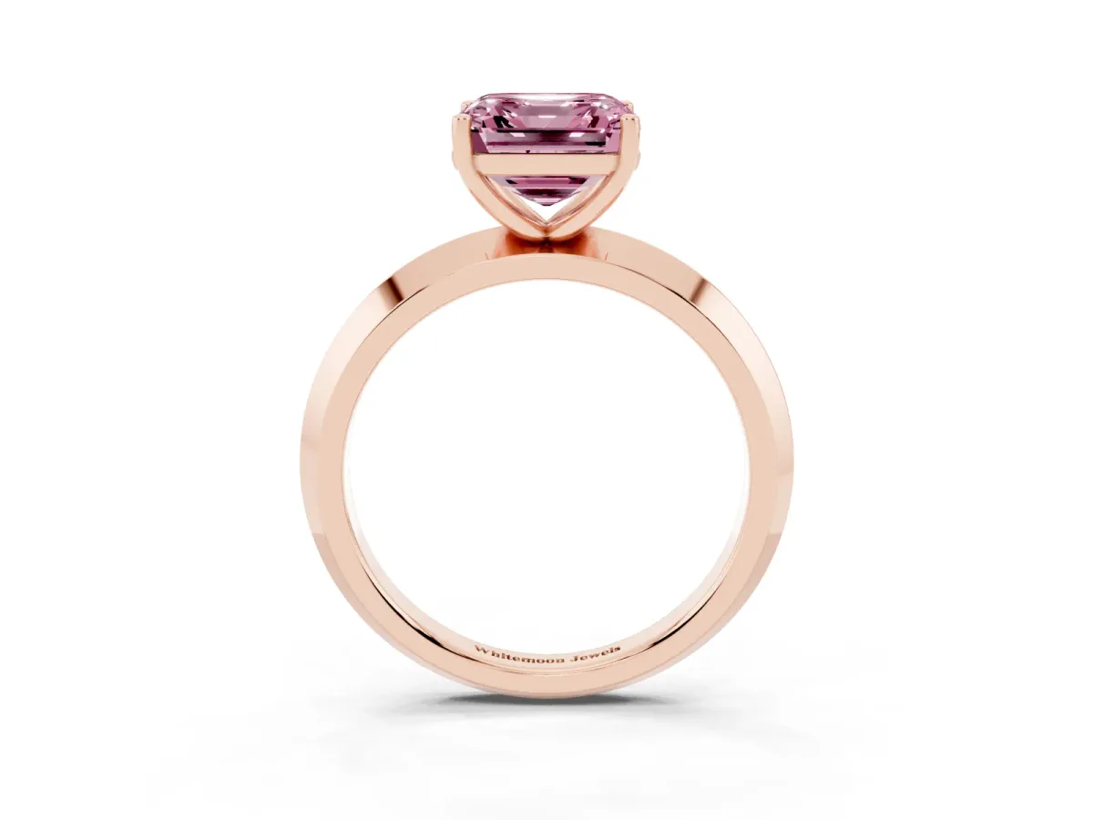 Fancy Pink Asscher Cut Cut Solitaire Engagement Ring with Flat Band and Four-Prong Setting Rose gold