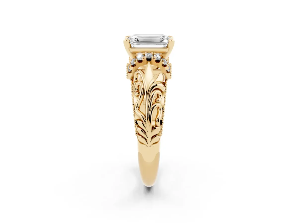 Emerald Cut Solitaire Filigree Engagement Ring with Halo and Prong Setting Yellow gold