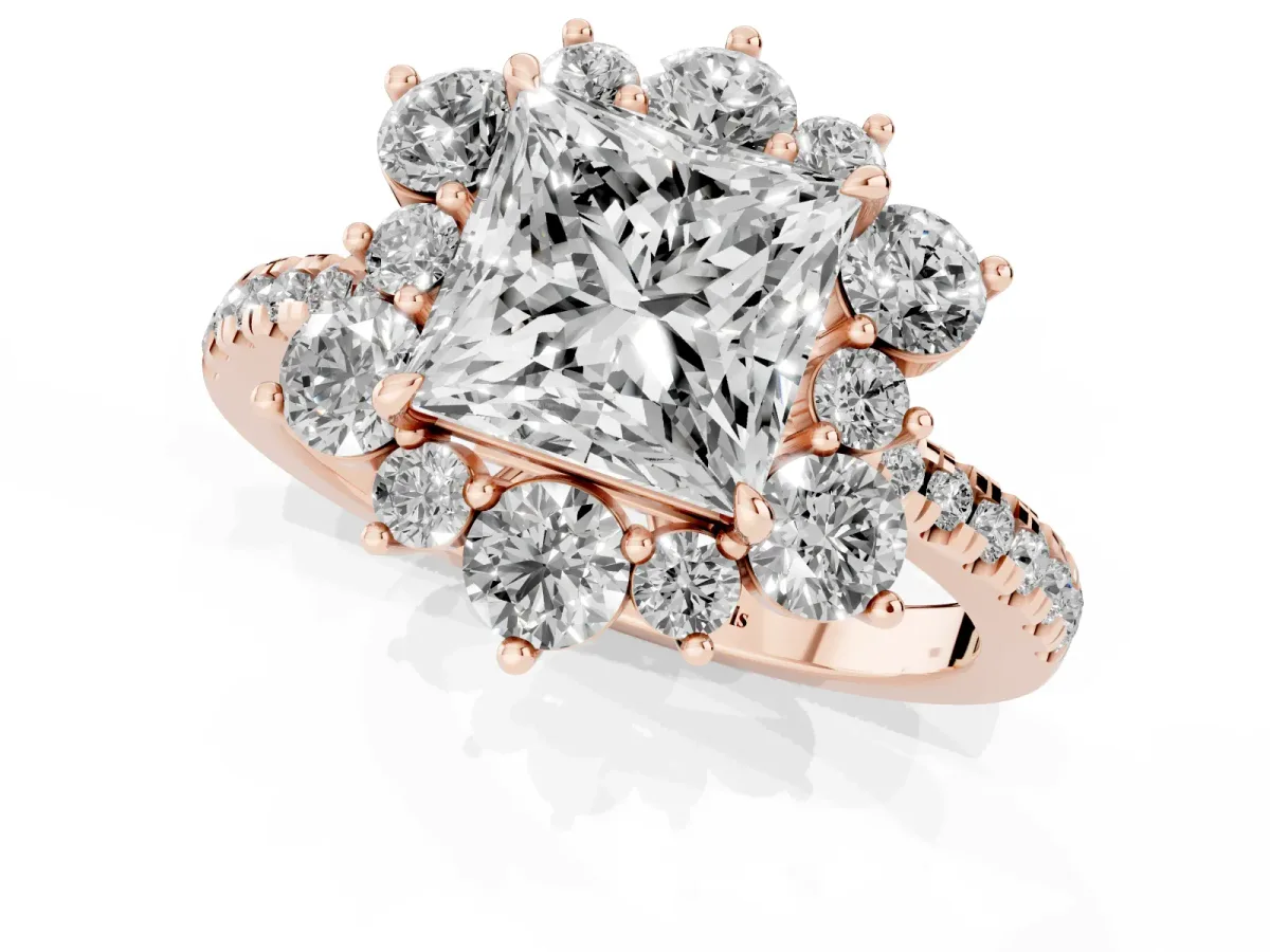 Princess Cut Diamond Floral Halo Ring with Round Pavé Band and Prong Setting Rose gold