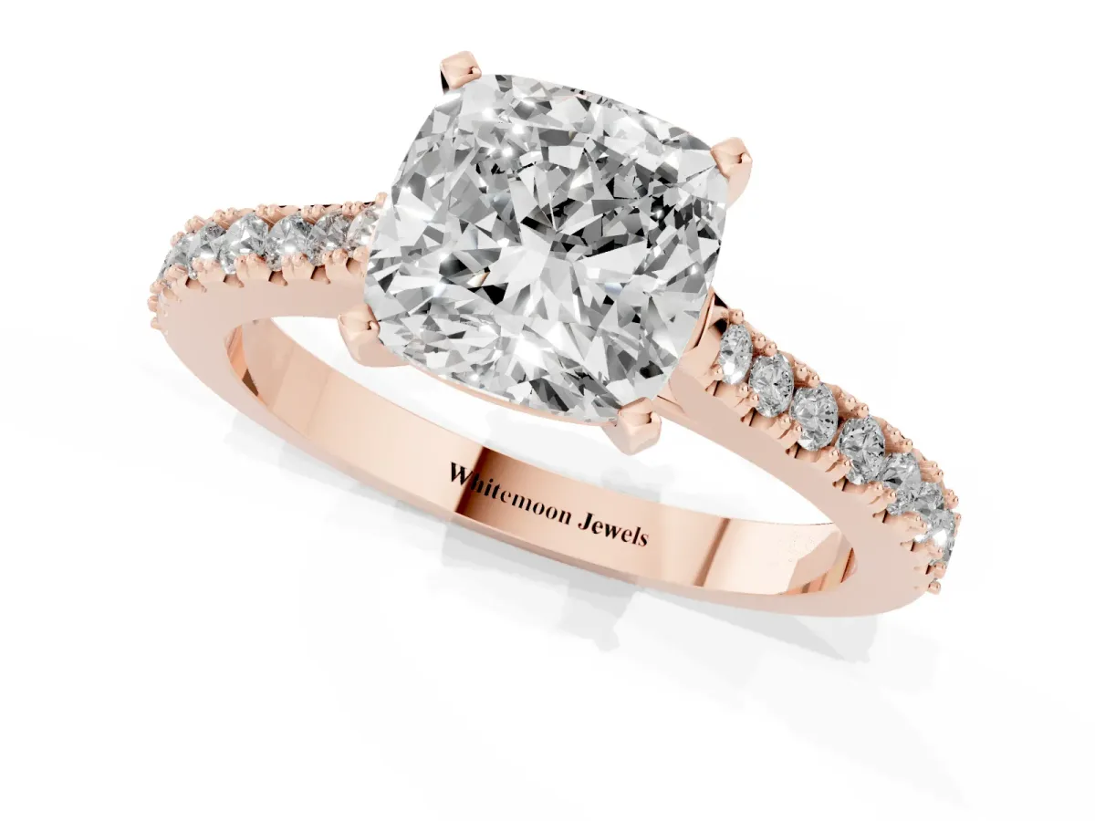 Cushion Cut Cut Solitaire Diamond Engagement Ring with Pave Band and Four-Prong Setting Rose gold