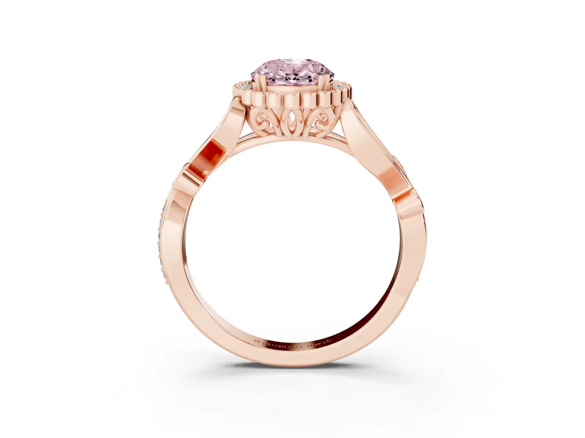 Fancy Pink Oval Cut Diamond Halo Ring with Vintage Split Shank and Four-Prong Setting Rose gold