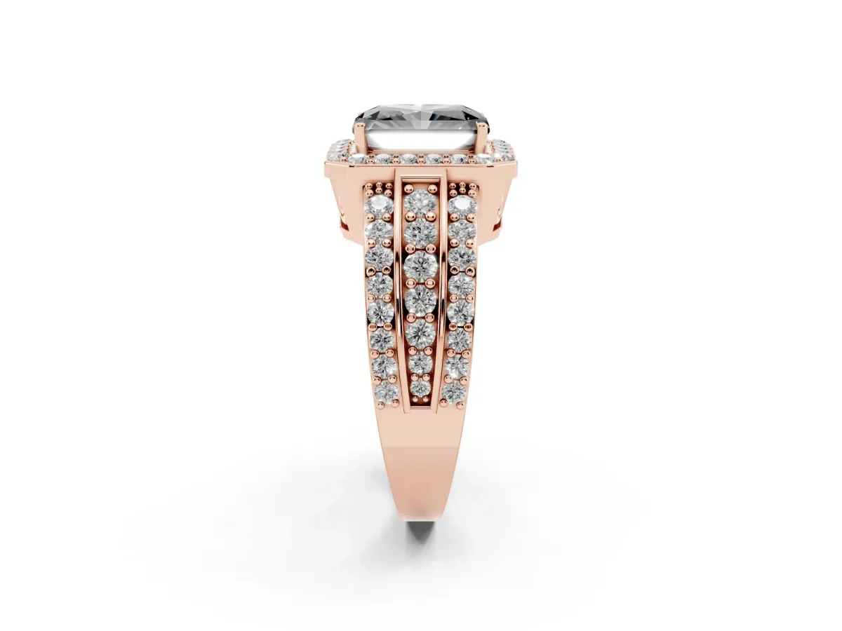 Fancy Black Radiant Cut Halo Diamond Ring with Round Split Shank and Prong Setting Rose gold