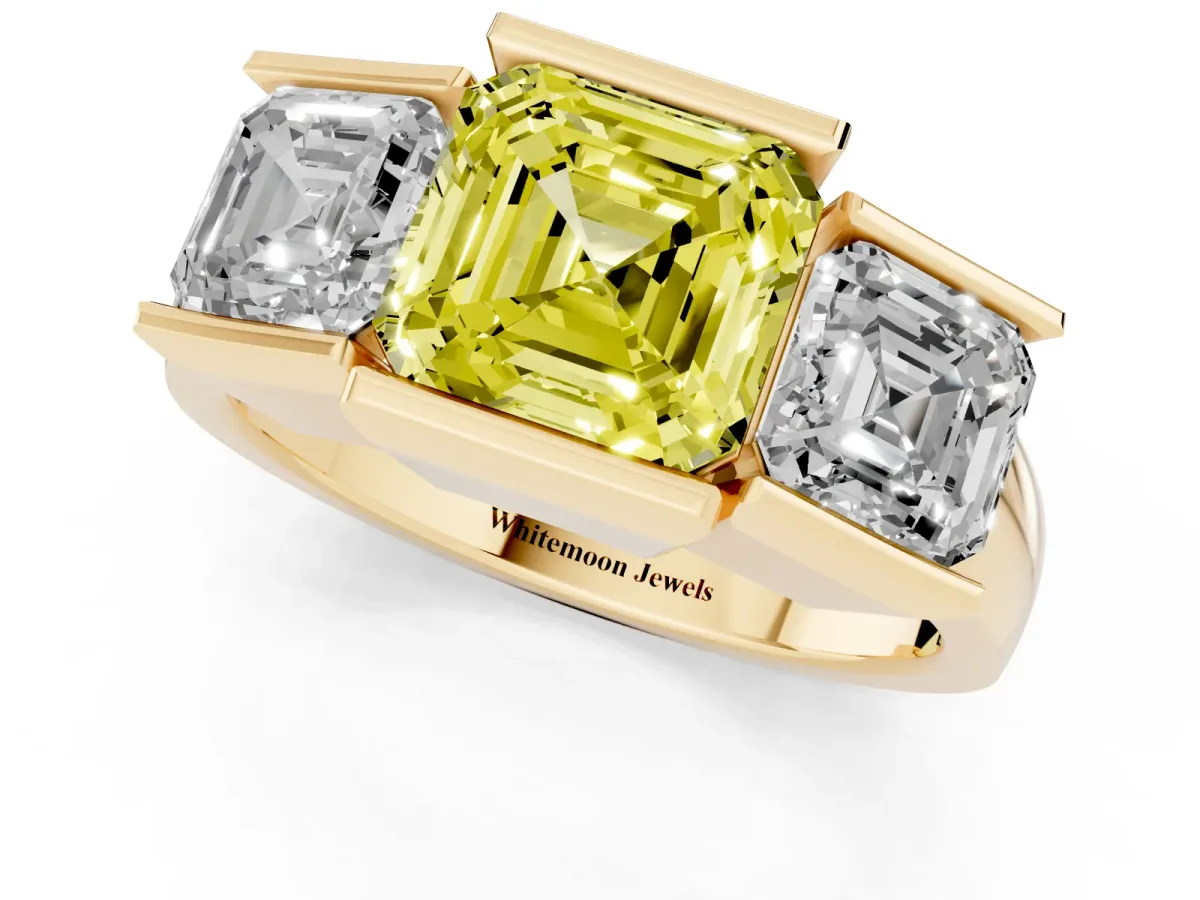 Fancy Yellow Three Stone Asscher Cut Cut Channel Set Diamond Ring Yellow gold