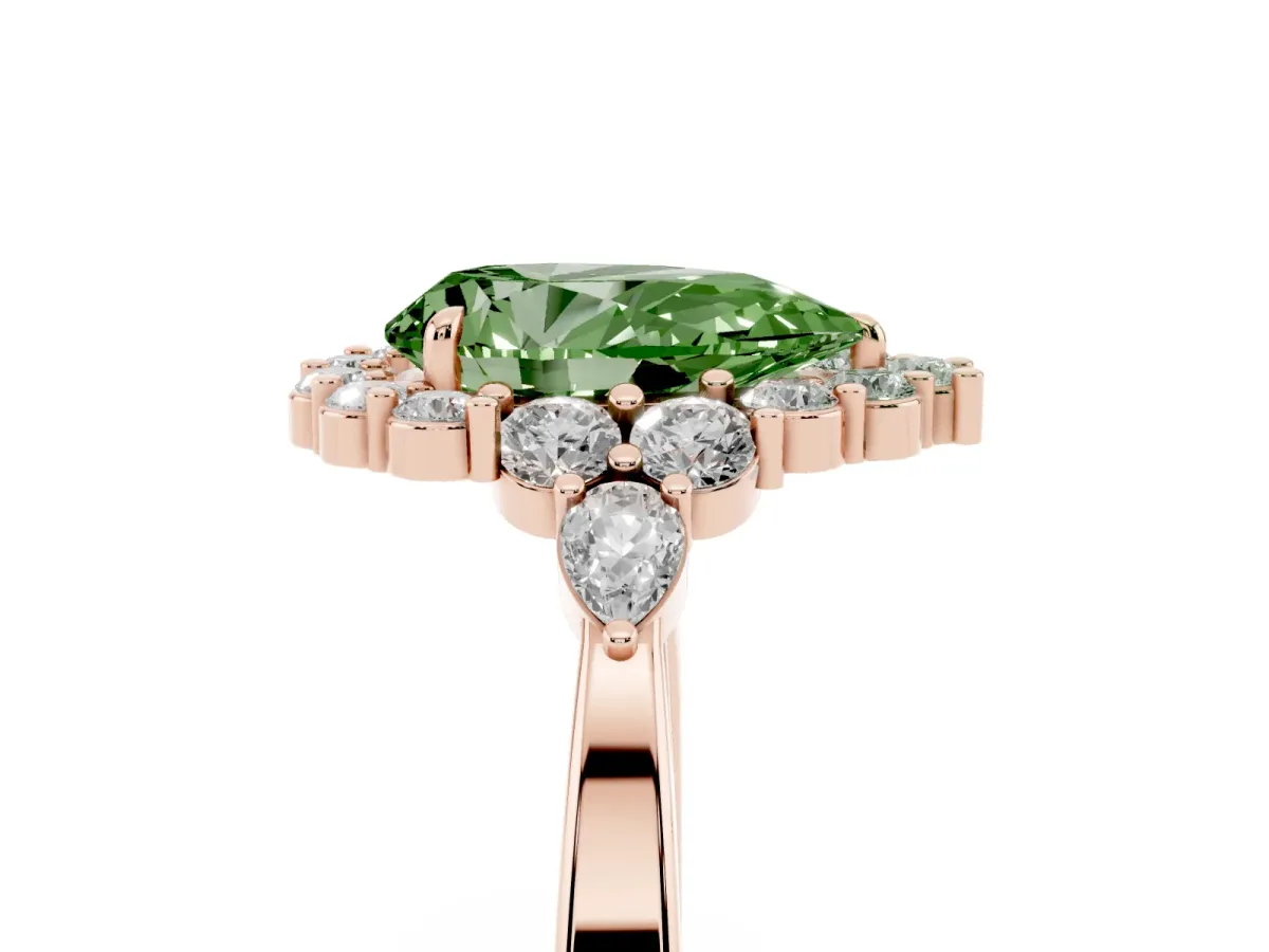 Fancy Green Pear Cut Diamond Halo Ring with Pear Side Stones and Prong Setting Rose gold