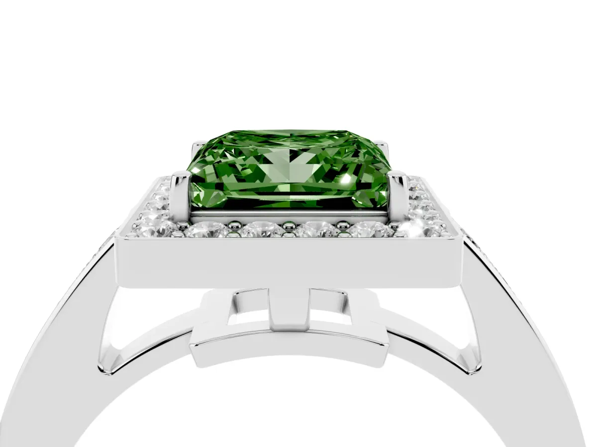 Fancy Green Princess Cut Halo Pavé Diamond Engagement Ring with Bezel Setting Silver