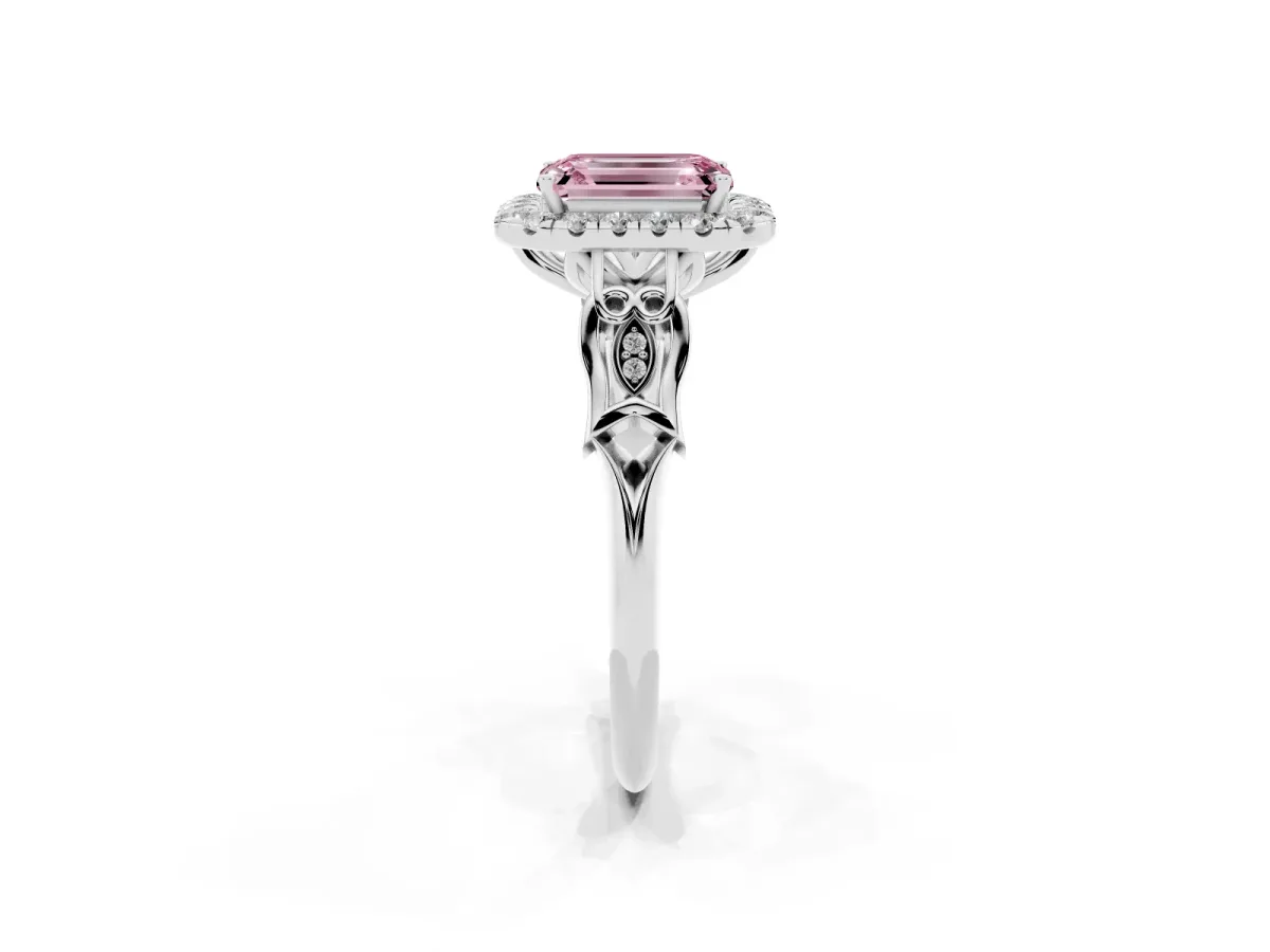 Fancy Pink Emerald Cut Halo Diamond Engagement Ring with Filigree Band and Four-Prong Setting Platinum