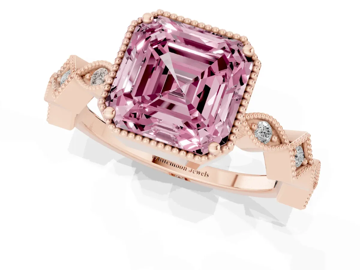 Fancy Pink Asscher Cut Milgrain Marquise Diamond Twist Band Ring Rose gold
