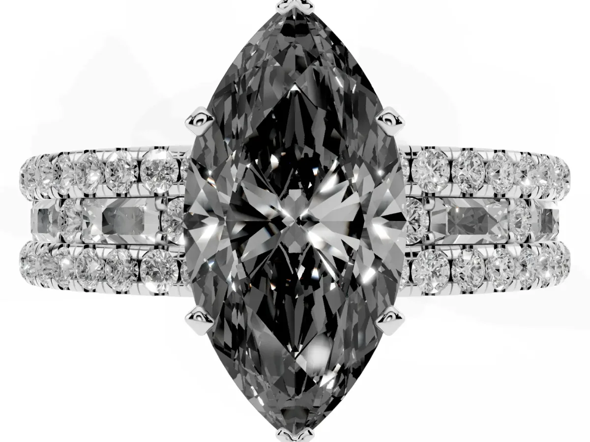 Fancy Black Marquise Cut Diamond Solitaire Ring with Pavé and Channel Set Band Silver
