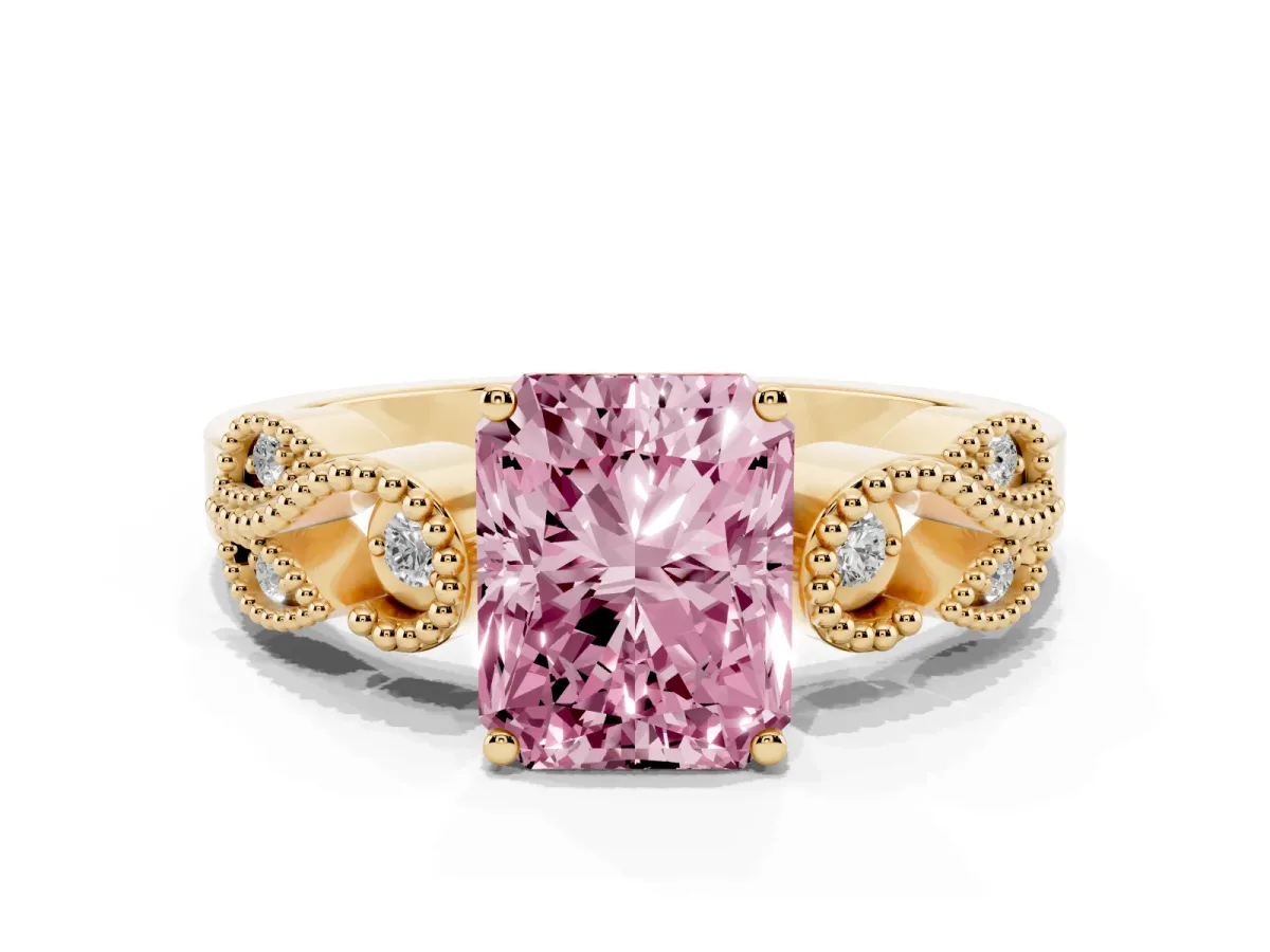 Fancy Pink Princess Cut Solitaire Milgrain Leaf Band with Prong Setting Yellow gold
