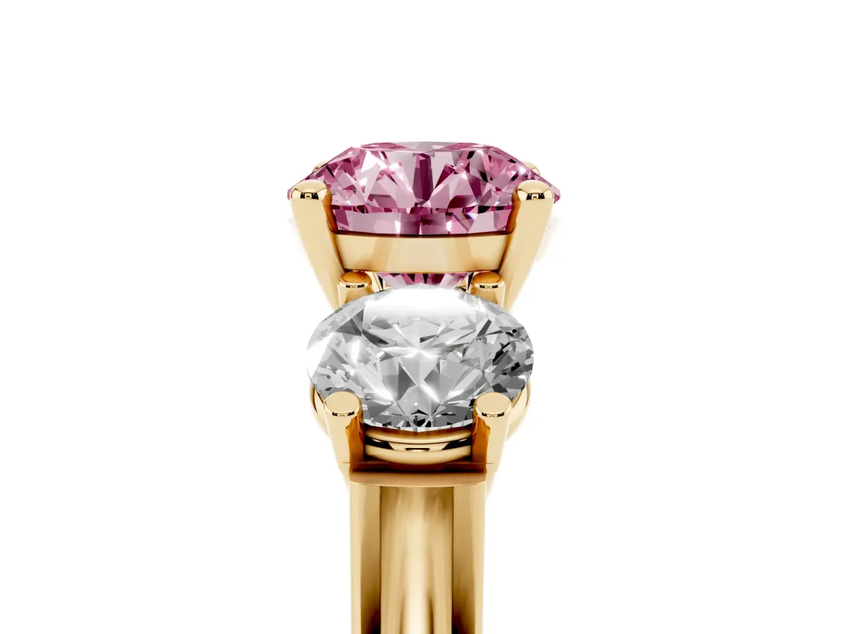 Fancy Pink Three-Stone Round Cut Brilliant Diamond Trellis Ring with Comfort Fit Band Yellow gold
