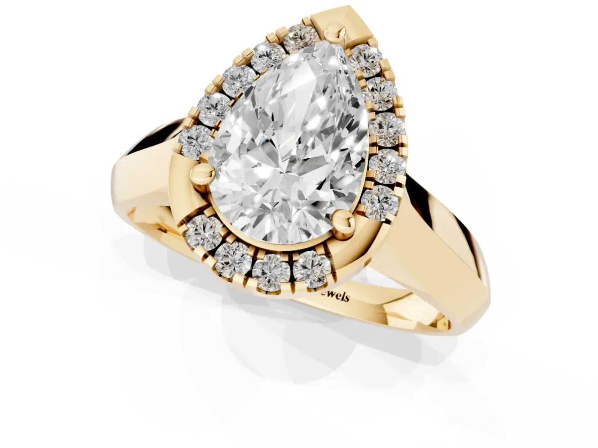 Pear Cut Cut Halo Solitaire Engagement Ring with Square Band and Four-Prong Setting Yellow gold