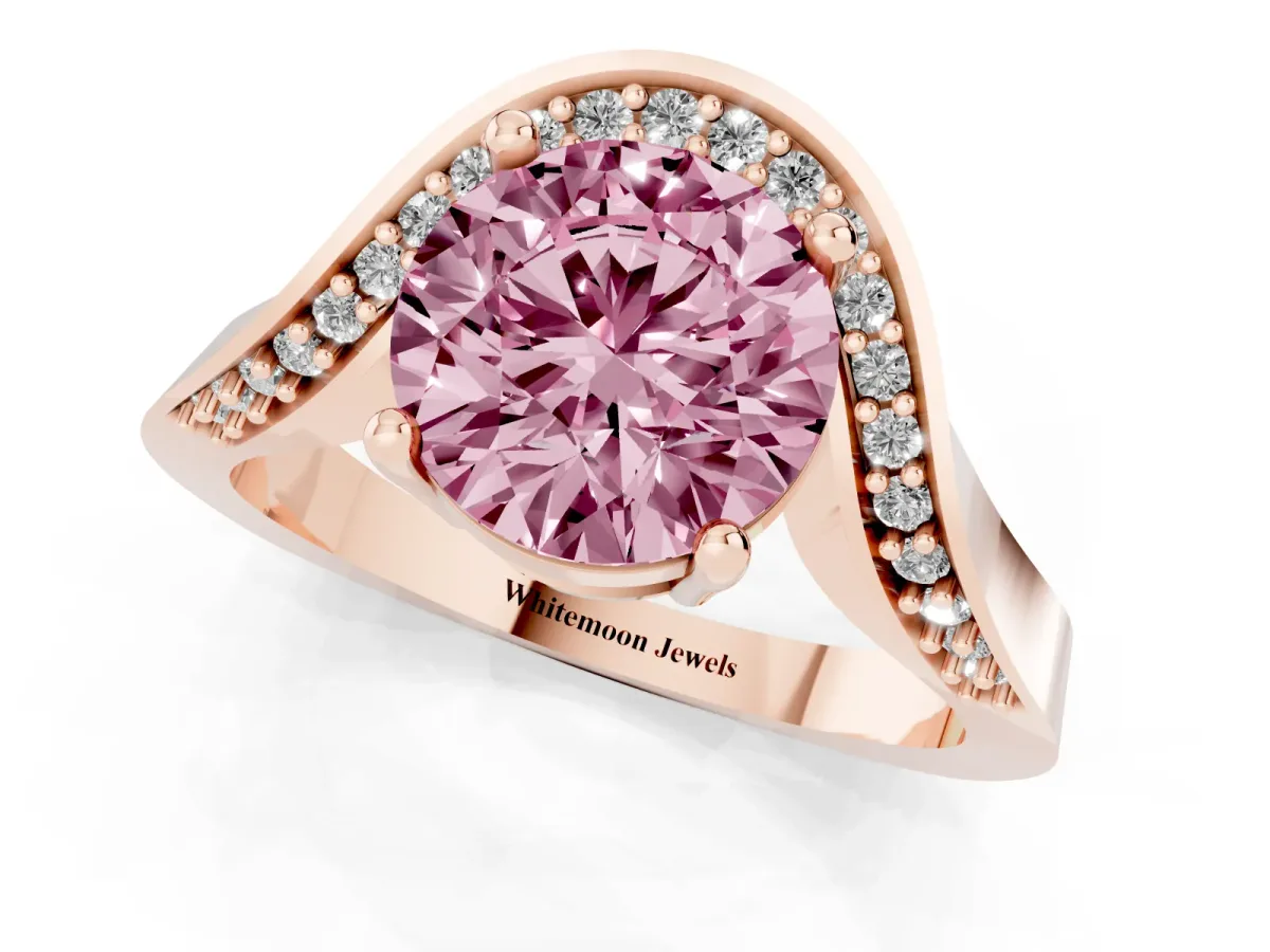 Fancy Pink Round Cut Solitaire Diamond Engagement Ring with Pave Band and Four-Prong Setting Rose gold