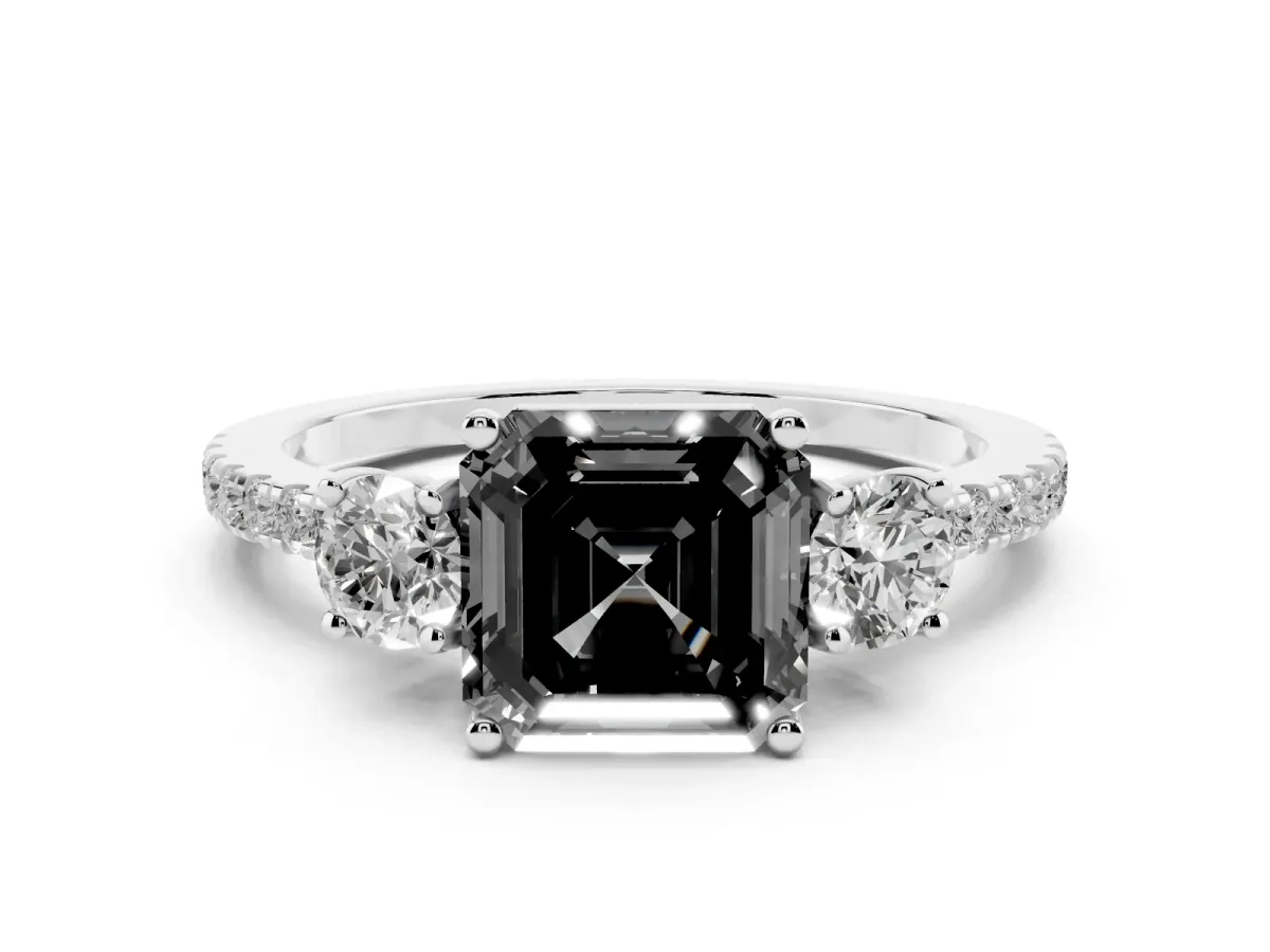 Fancy Black Three-Stone Asscher Cut Cut Diamond Pavé Band with Prong Setting White gold
