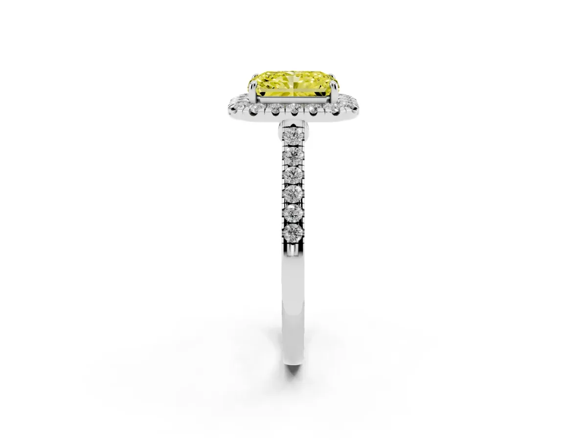 Fancy Yellow Radiant Cut Halo Pave Diamond Engagement Ring with Four-Prong Setting Silver
