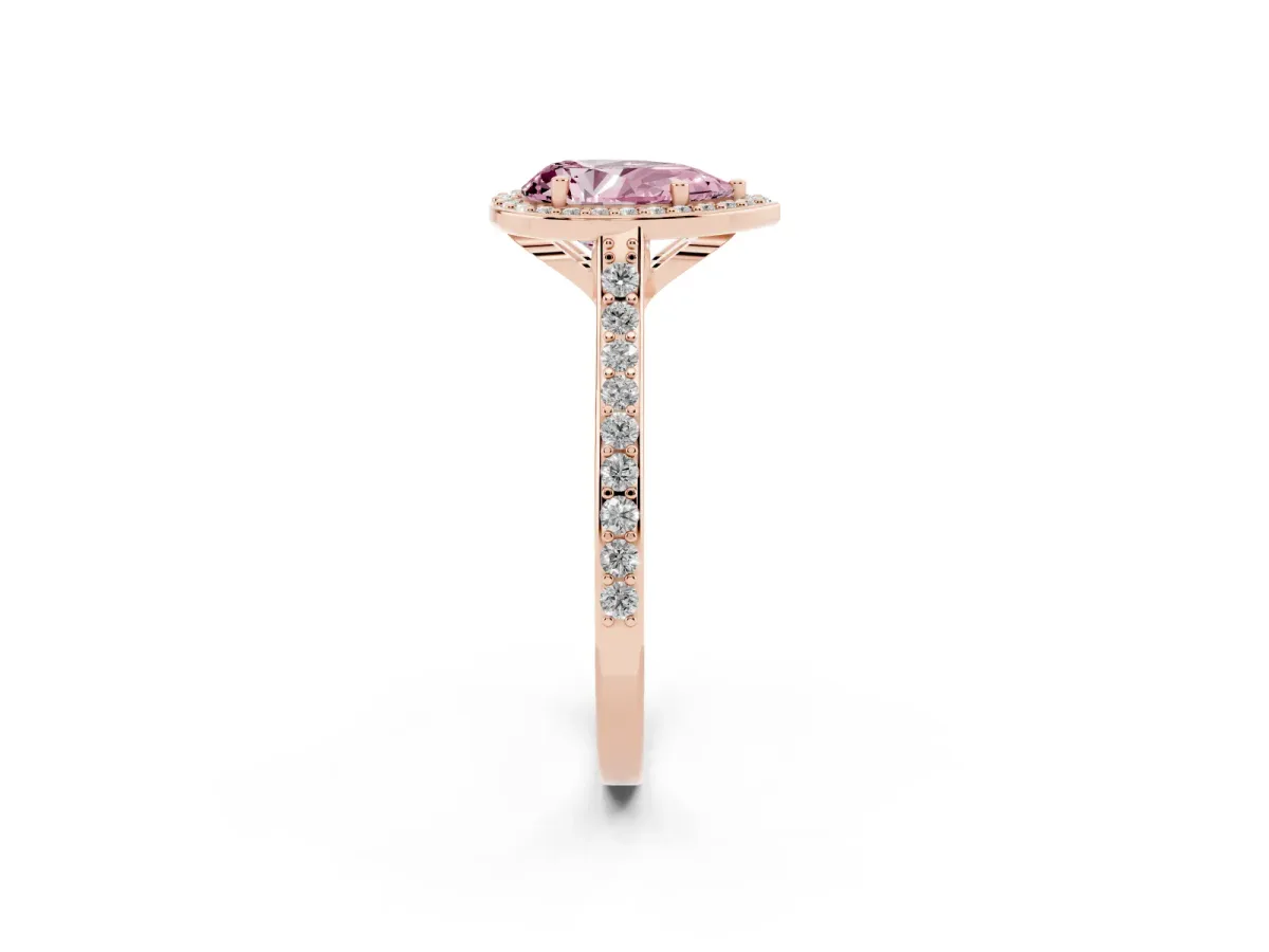 Fancy Pink Pear Cut Diamond Halo Engagement Ring with Round Pavé Shoulders and Prong Setting Rose gold