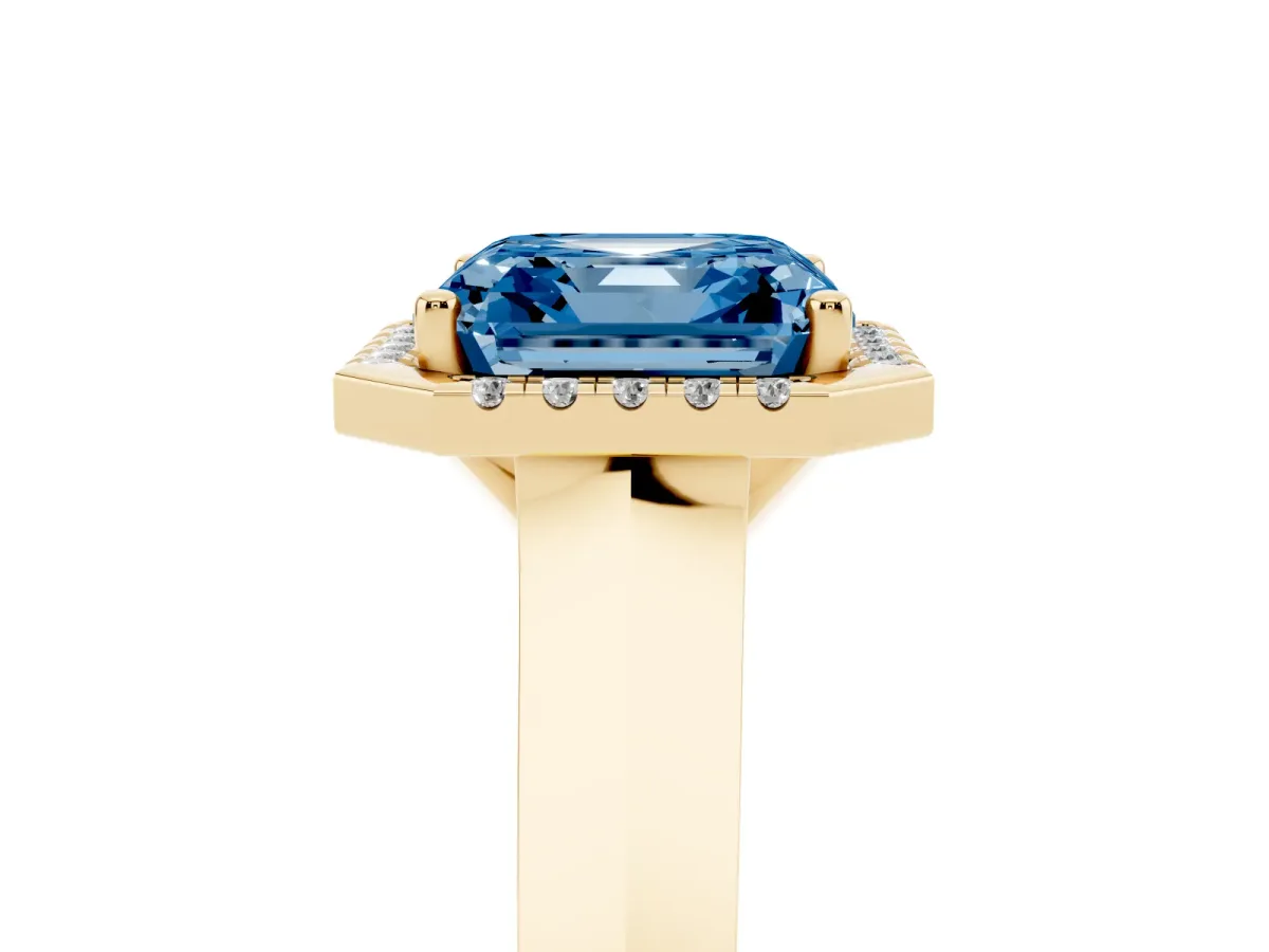 Fancy Blue Asscher Cut Halo Diamond Ring with Cathedral Band and Four-Prong Setting Yellow gold