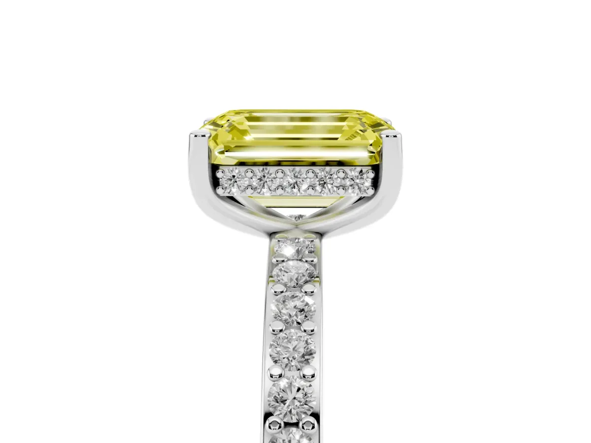 Fancy Yellow Emerald Cut Cut Diamond Pavé Band Ring with Four-Prong Setting Silver