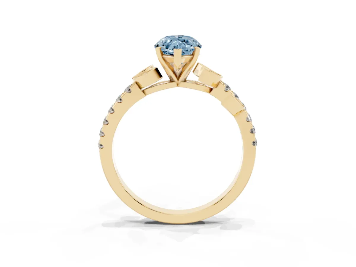 Fancy Blue Marquise Cut Solitaire Leaf-Inspired Diamond Ring with Pavé Band and Four-Prong Setting Yellow gold