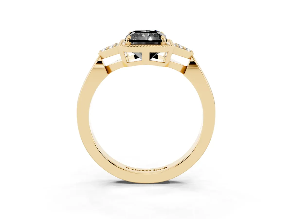 Fancy Black Hexagonal Halo Radiant Cut Diamond Solitaire with Pavé Band and Four-Prong Setting Yellow gold
