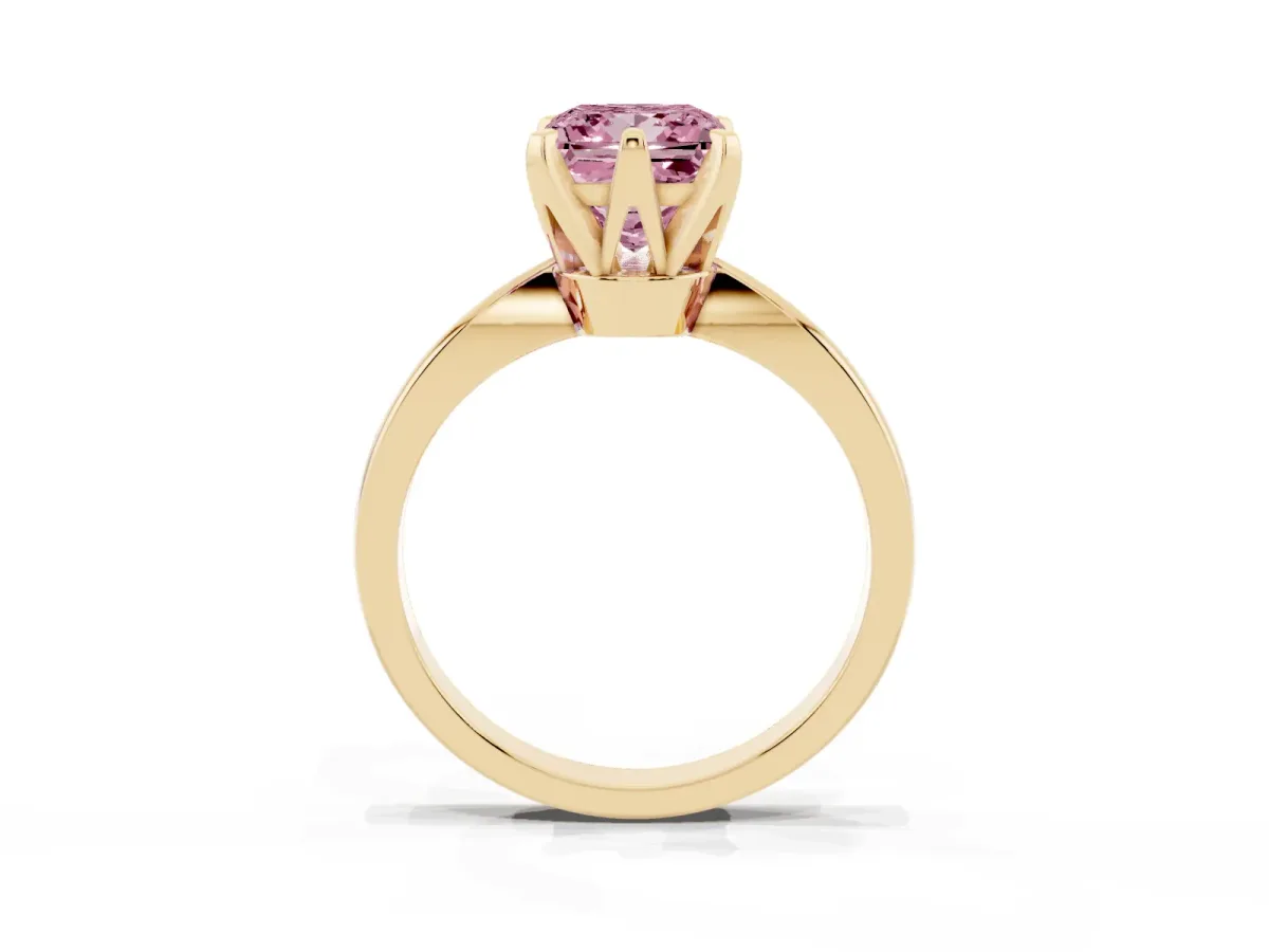 Fancy Pink Princess Cut Solitaire Engagement Ring with Six-Prong Setting and Tapered Band Yellow gold