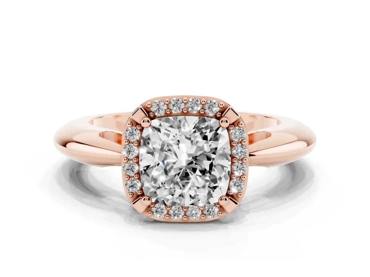 Cushion Cut Cut Diamond Halo Engagement Ring with Split Shank and Four-Prong Setting Rose gold