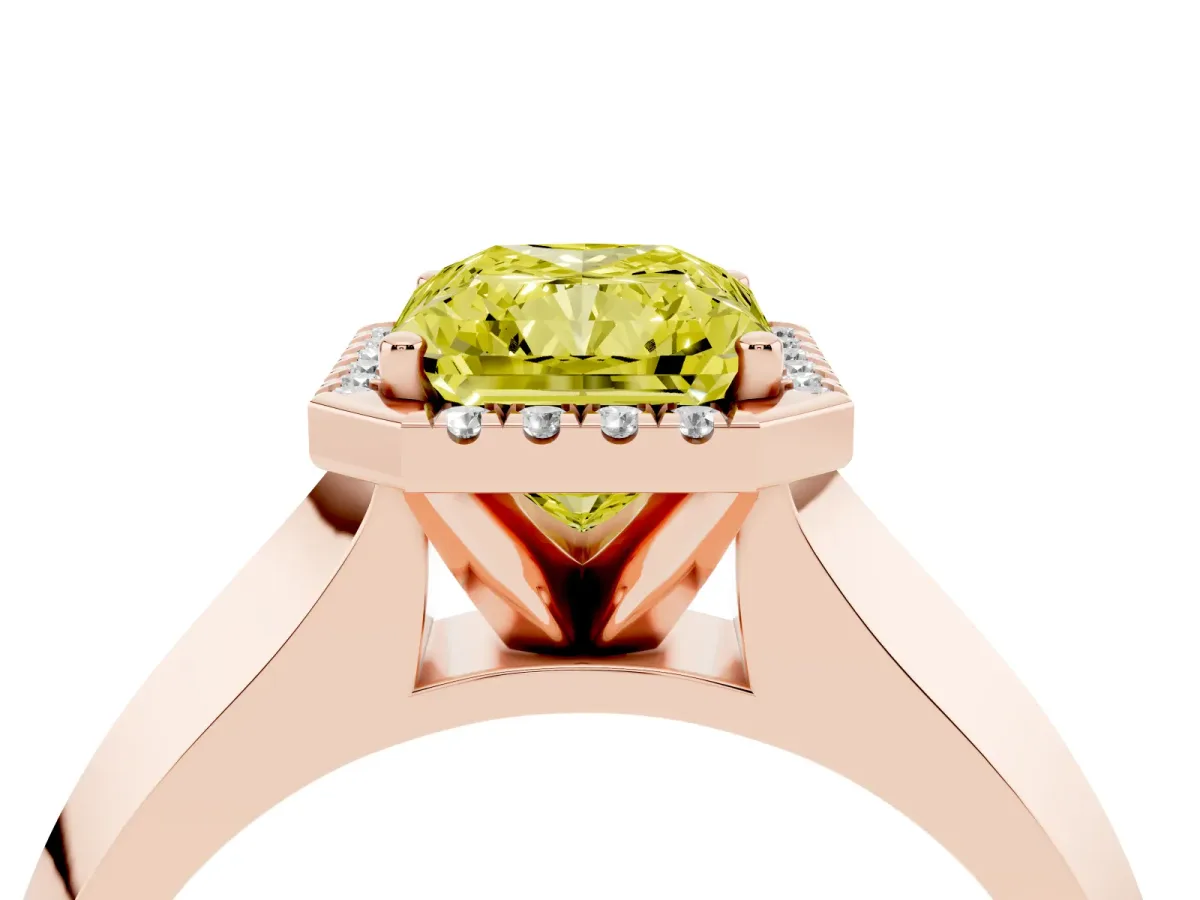 Fancy Yellow Radiant Cut Halo Diamond Ring with Cathedral Band and Four-Prong Setting Rose gold