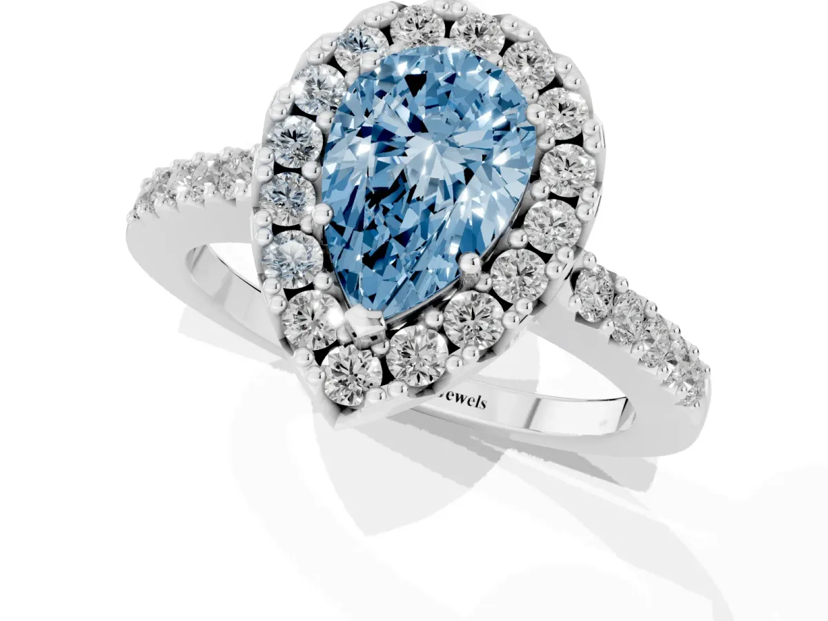 Fancy Blue Pear Cut Halo Diamond Pavé Solitaire Ring Platinum
