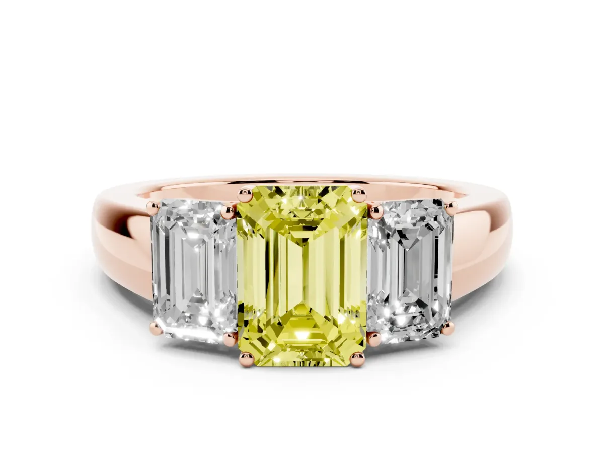 Fancy Yellow Three-Stone Emerald Cut Cut Diamond Ring with Prong Setting and Classic Band Rose gold
