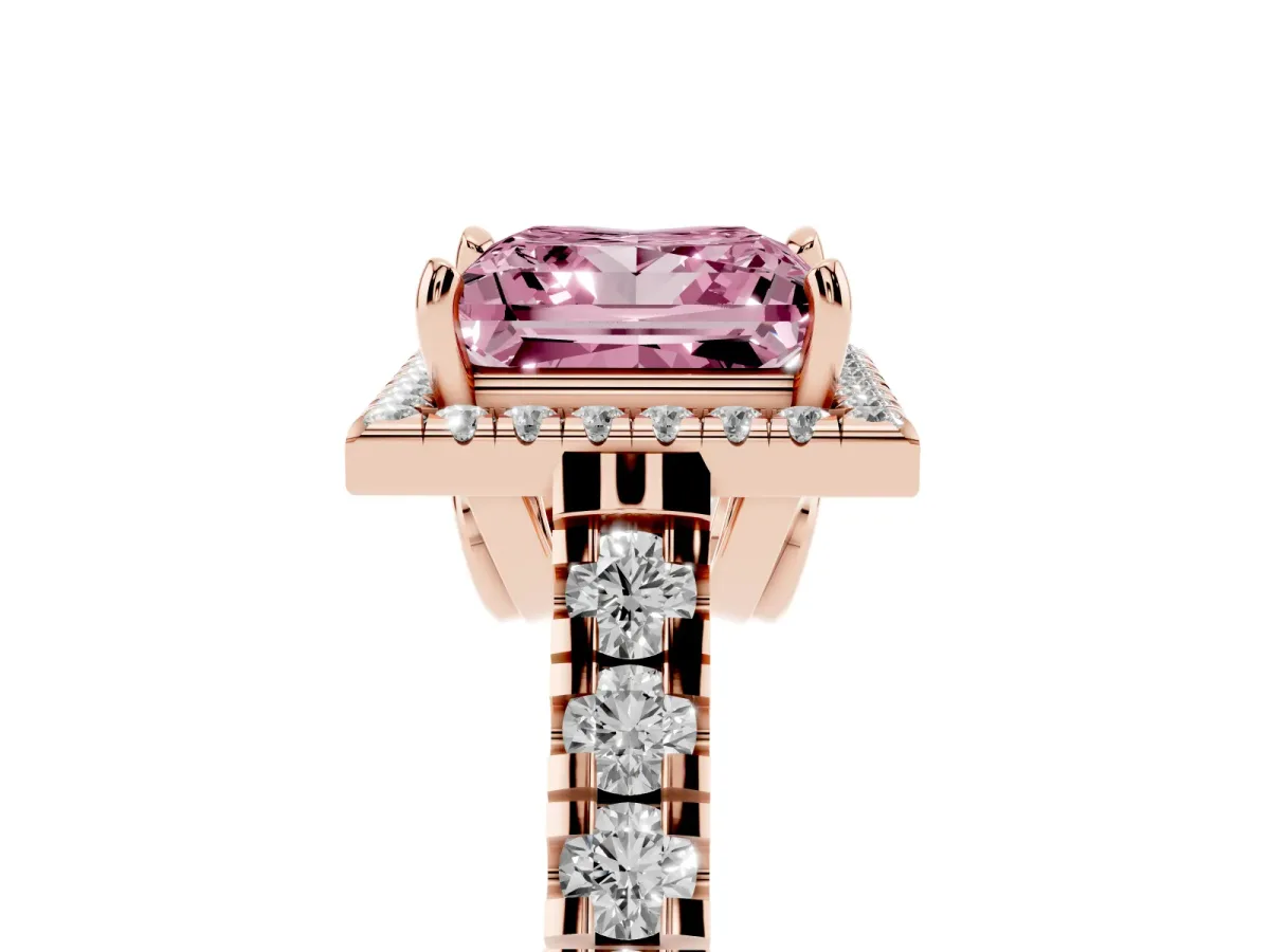 Fancy Pink Princess Cut Halo Pavé Diamond Engagement Ring with Four-Prong Setting Rose gold