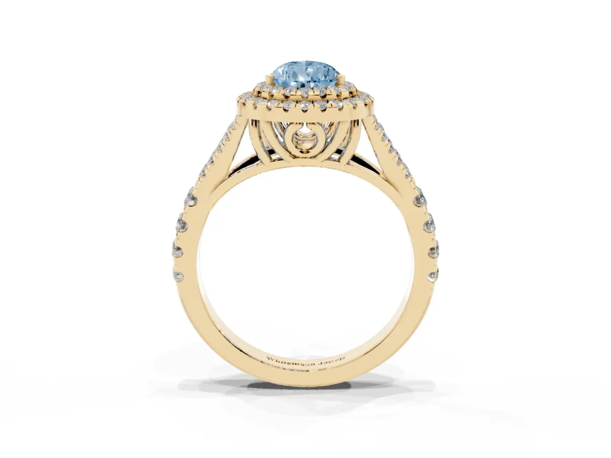 Fancy Blue Pear Cut Diamond Pavé Split Shank Double Halo Engagement Ring Yellow gold