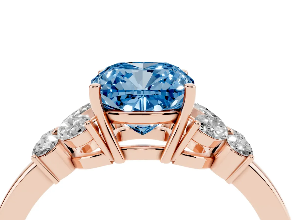 Fancy Blue Cushion Cut Cut Solitaire Floral Diamond Ring with Four-Prong Setting Rose gold