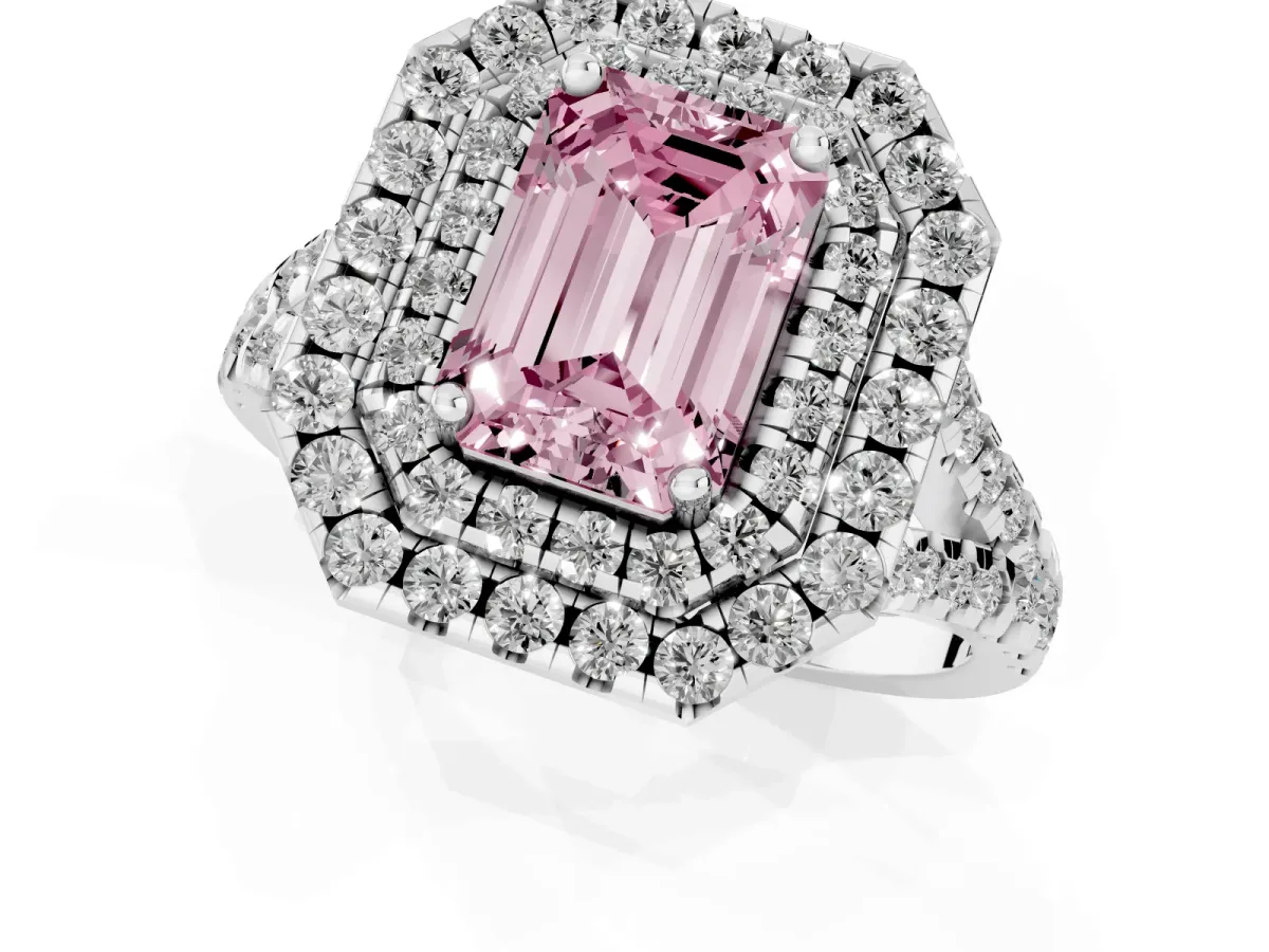 Fancy Pink Double Halo Emerald Cut Diamond Pavé Split Shank Ring with Prong Setting White gold