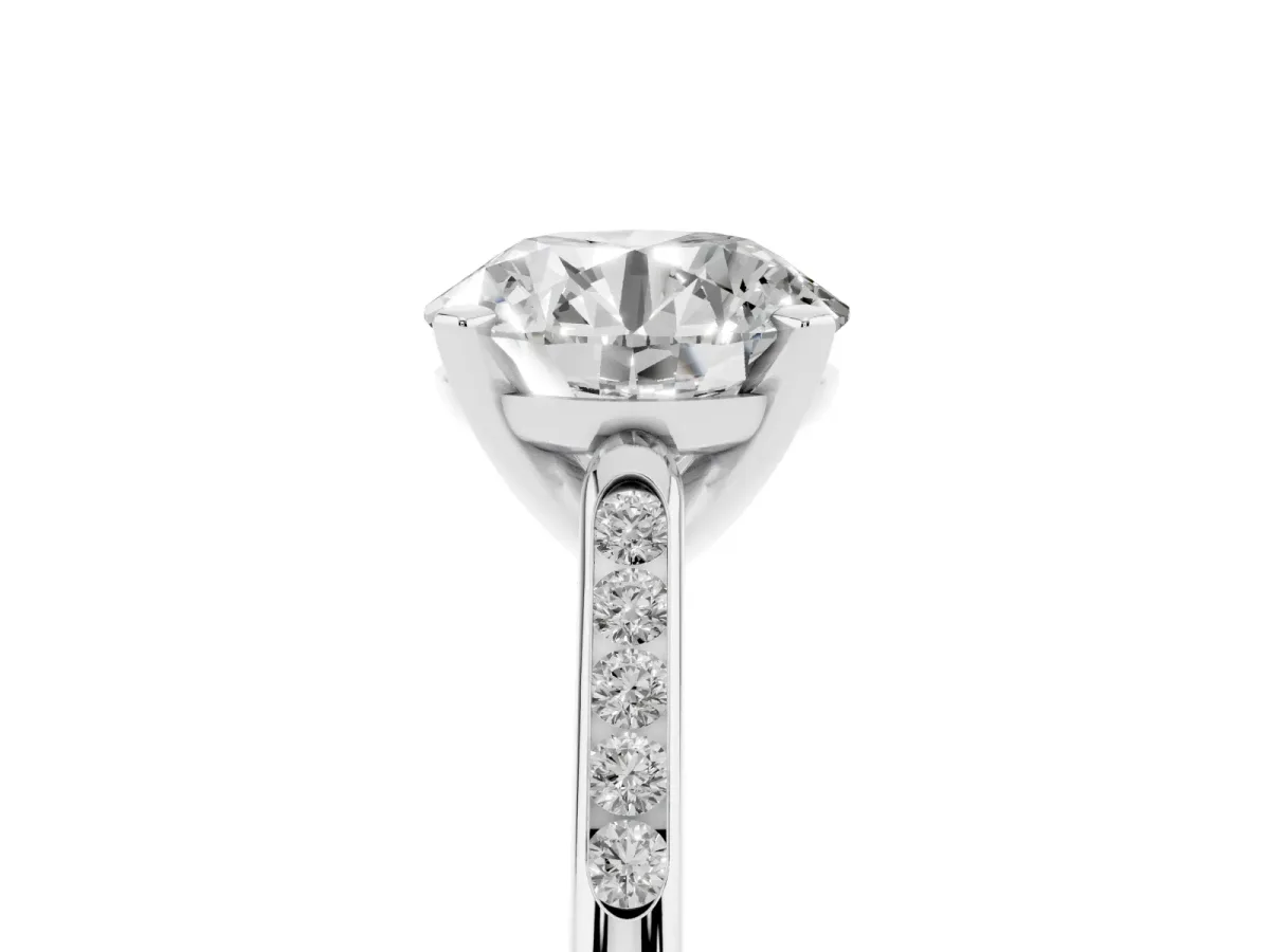 Round Cut Diamond Solitaire Ring with Channel Set Round Band and Prong Setting Silver