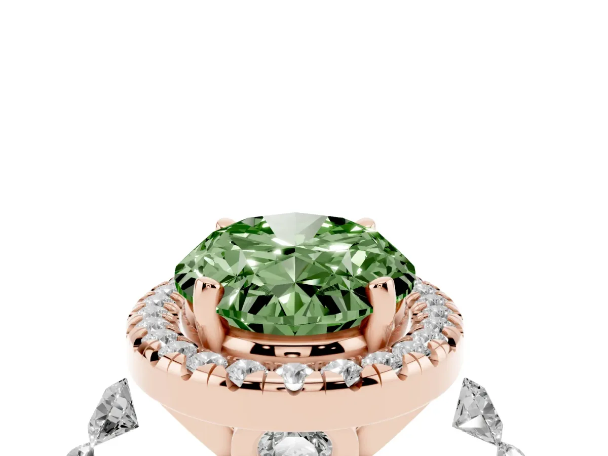 Fancy Green Oval Cut Halo Pavé Diamond Engagement Ring with Four-Prong Setting Rose gold