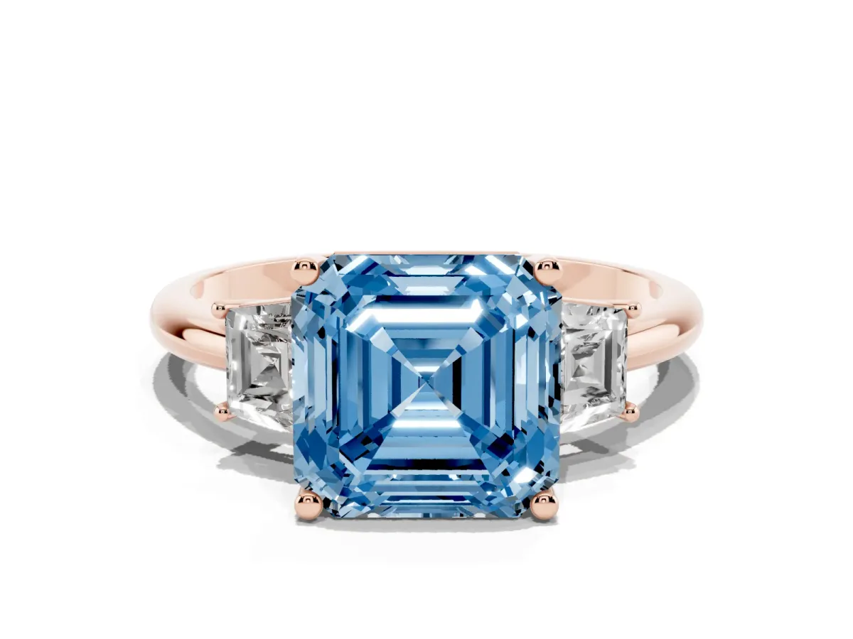 Fancy Blue Asscher Cut Diamond Three-Stone Ring with Trapezoid Side Stones and Prong Setting Rose gold