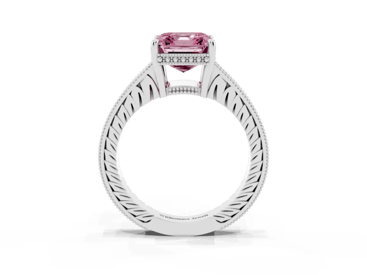 Fancy Pink Asscher Cut Solitaire Pavé Diamond Milgrain Engagement Ring with Four-Prong Setting Platinum