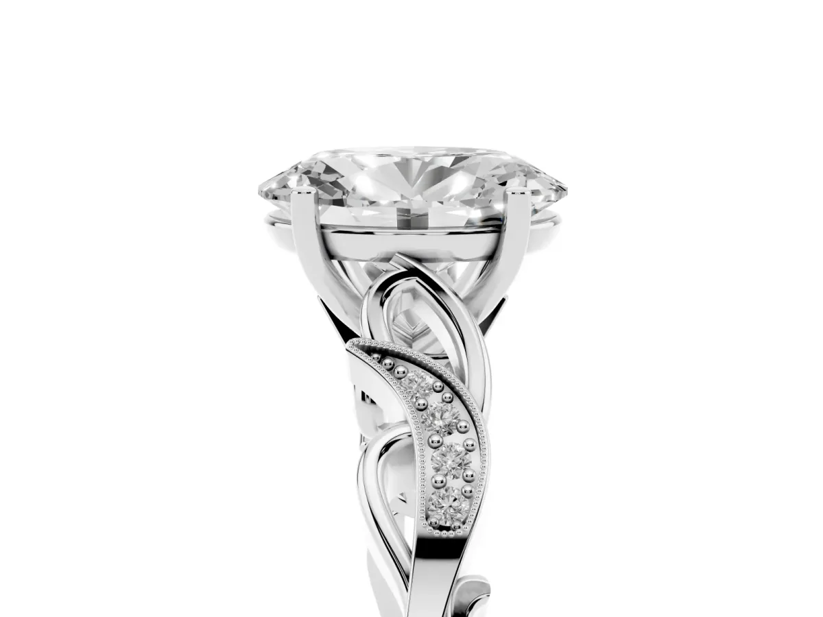Oval Cut Solitaire Vine Band with Milgrain Prong Setting White gold