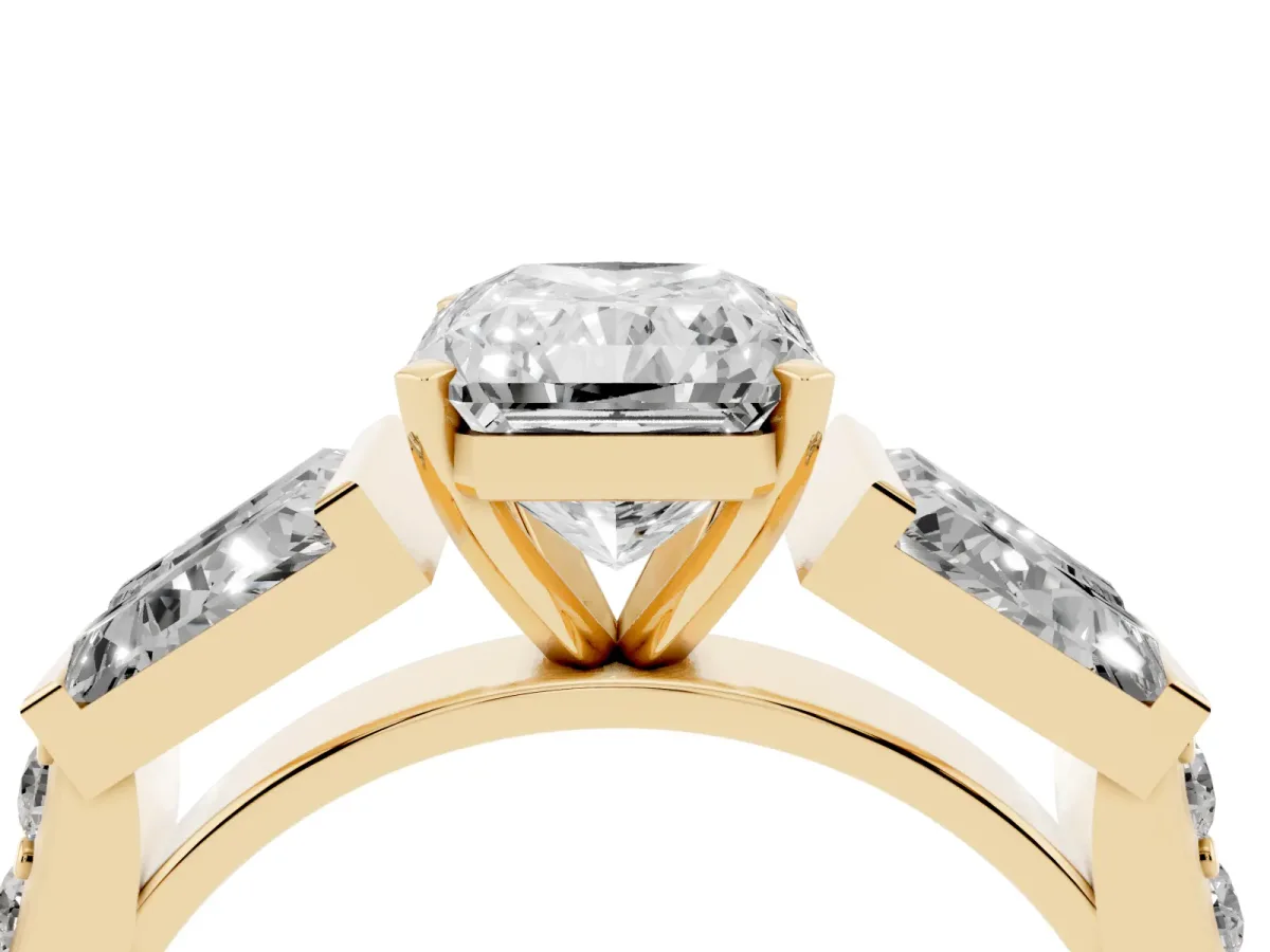 Radiant Cut Diamond Engagement Ring with Baguette Side Stones and Channel Set Band Yellow gold