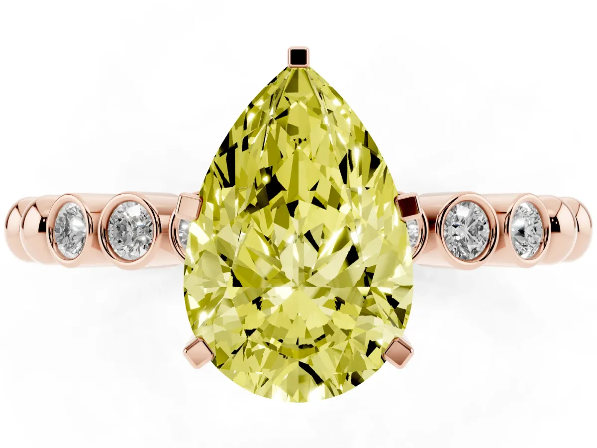Fancy Yellow Pear Cut Solitaire Bezel Accent Diamond Engagement Ring with Beaded Band and Four-Prong Setting Rose gold