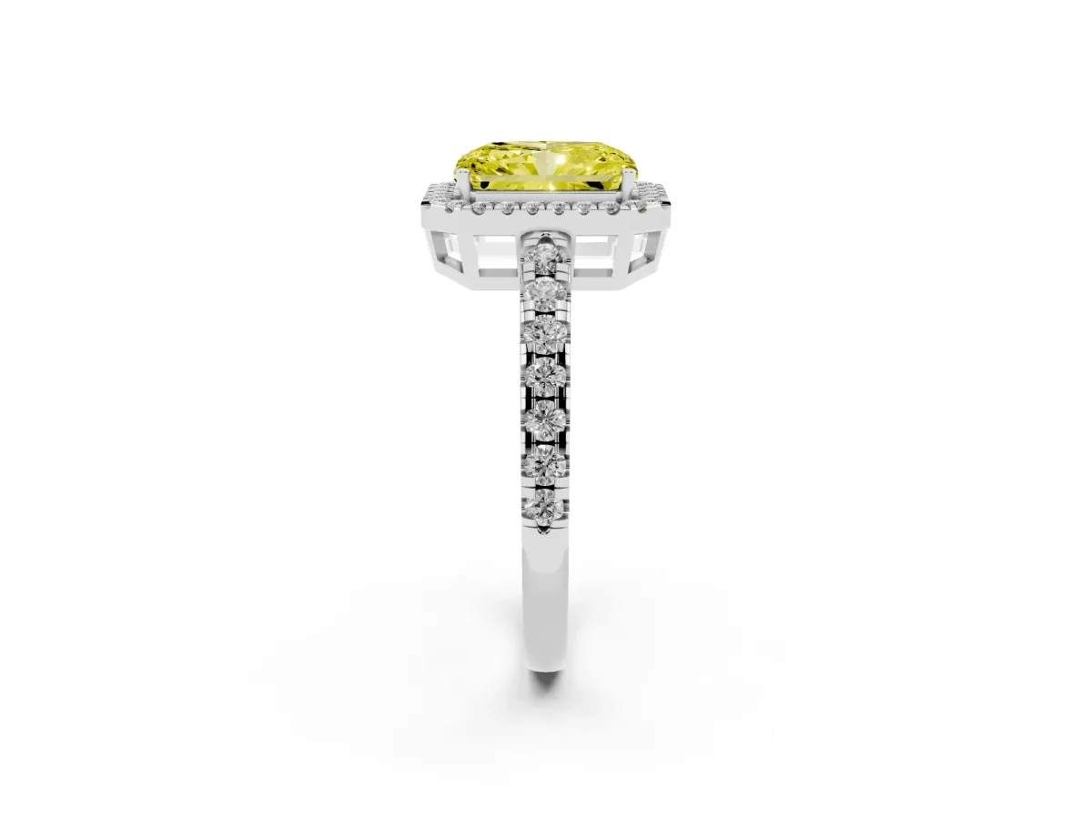 Fancy Yellow Radiant Cut Diamond Halo Ring with Pavé Band and Four-Prong Setting White gold