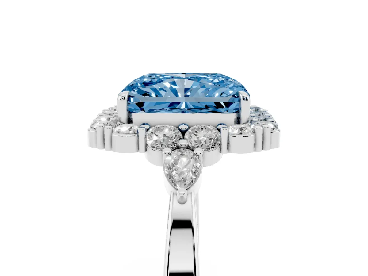 Fancy Blue Radiant Cut Diamond Halo Ring with Pear Side Stones and Prong Setting Silver