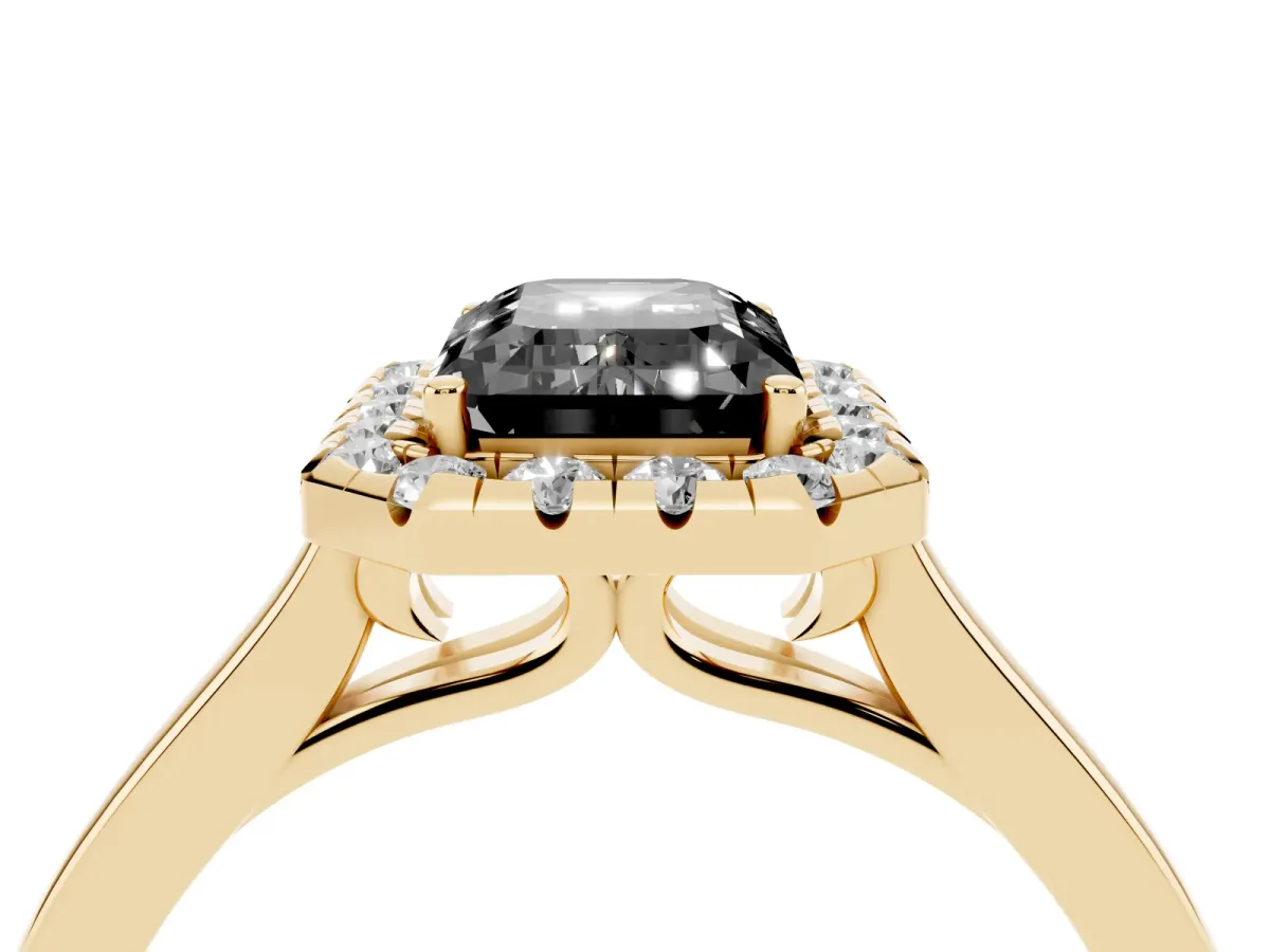 Fancy Black Emerald Cut Halo Round Diamond Solitaire Ring with Pavé Band and Four-Prong Setting Yellow gold